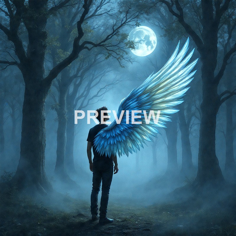 A young person with large, blue, feathered wings stands in a foggy forest at night under a bright full moon.